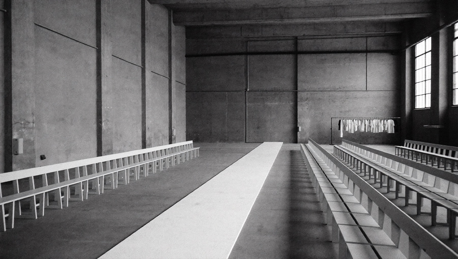 An empty runway hall before the show, white benches either side of a long white catwalk